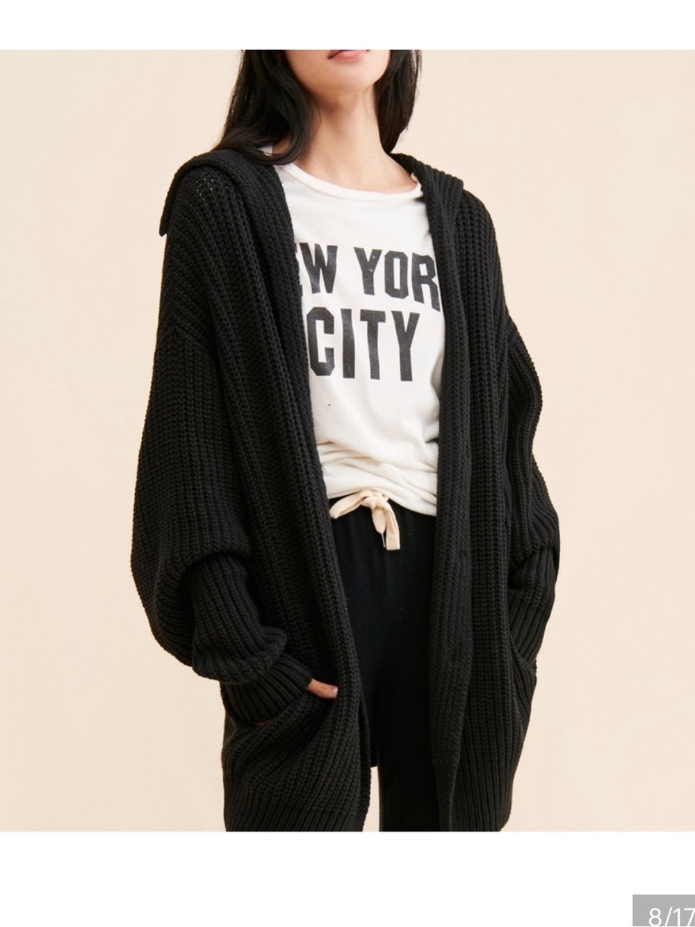 Free People Black Oversized Hooded Chunky Knit Open Cardigan